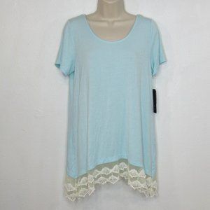 New Women's AGB Lace Trim Hem Light Blue Blouse Top Size S